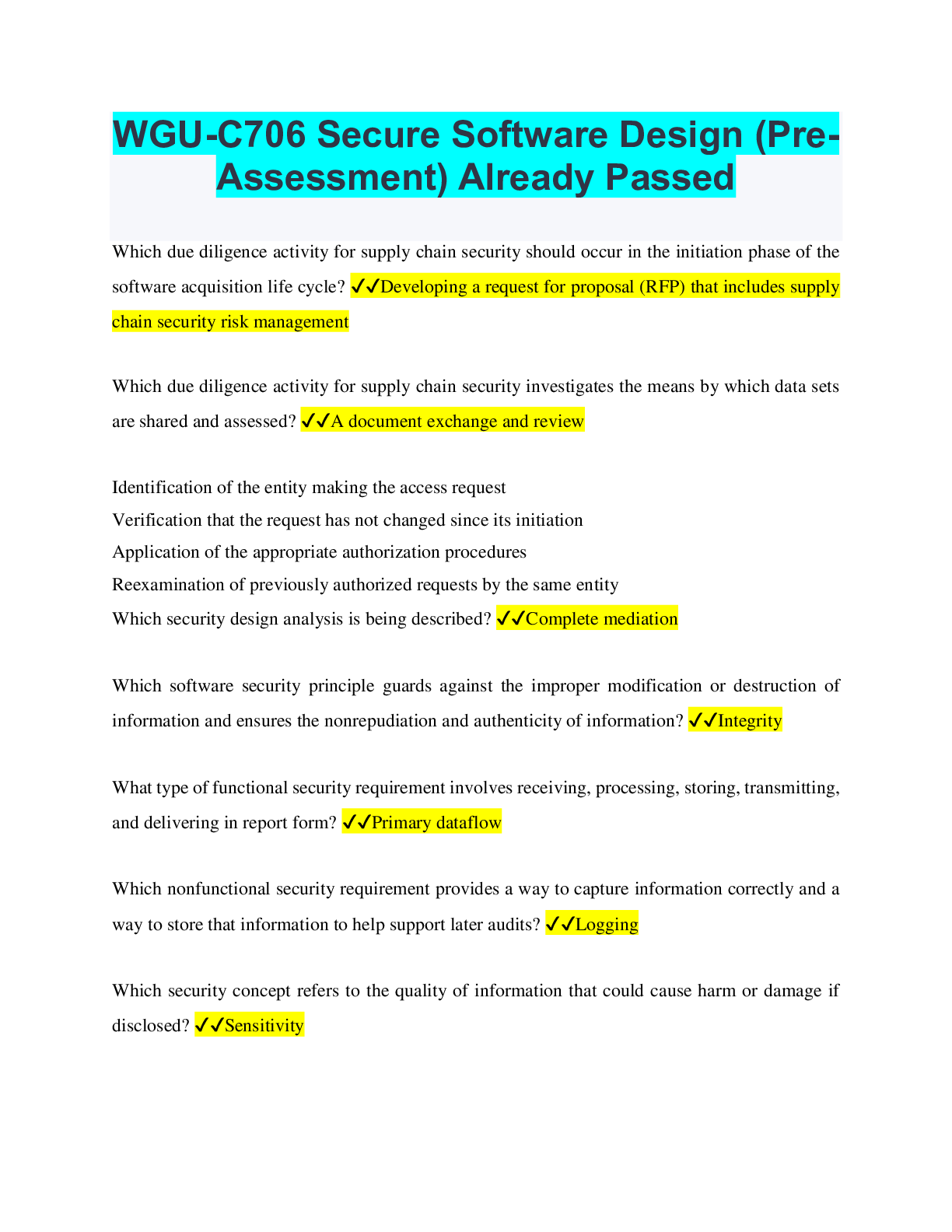 Preview of WGU-C706 Secure Software Design (PreAssessment) Already Passed